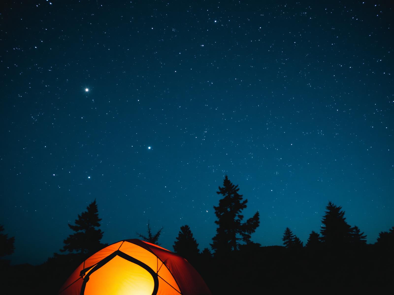 A lit tent under a starry Himalayan sky