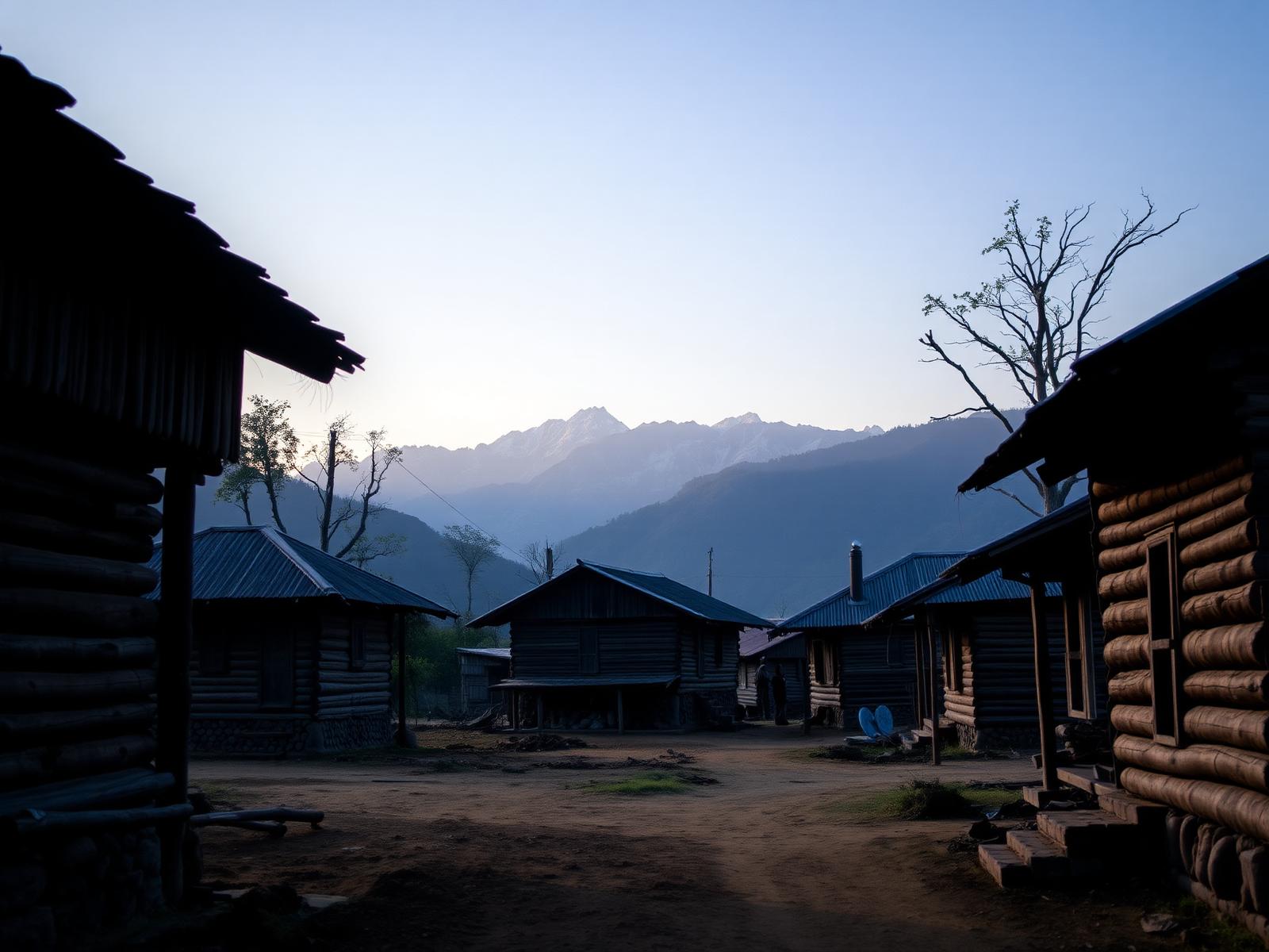 A remote village in North Bengal at dawn with mountains behind