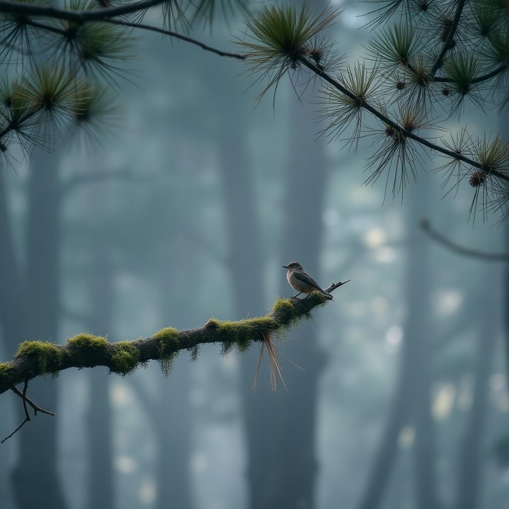 Small bird on a mossy branch in misty pine forest near Lava