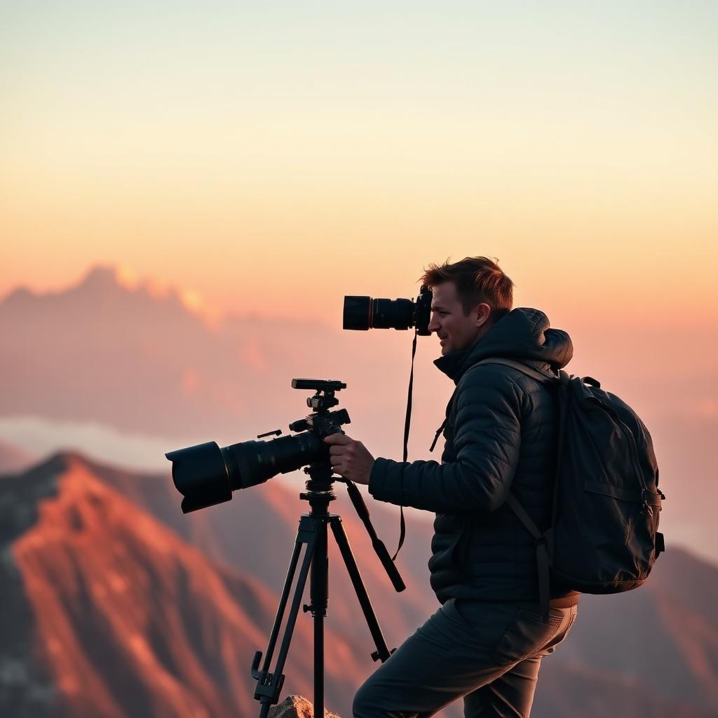 Photographer on the Singalila ridge at dawn with distant Himalayan peaks