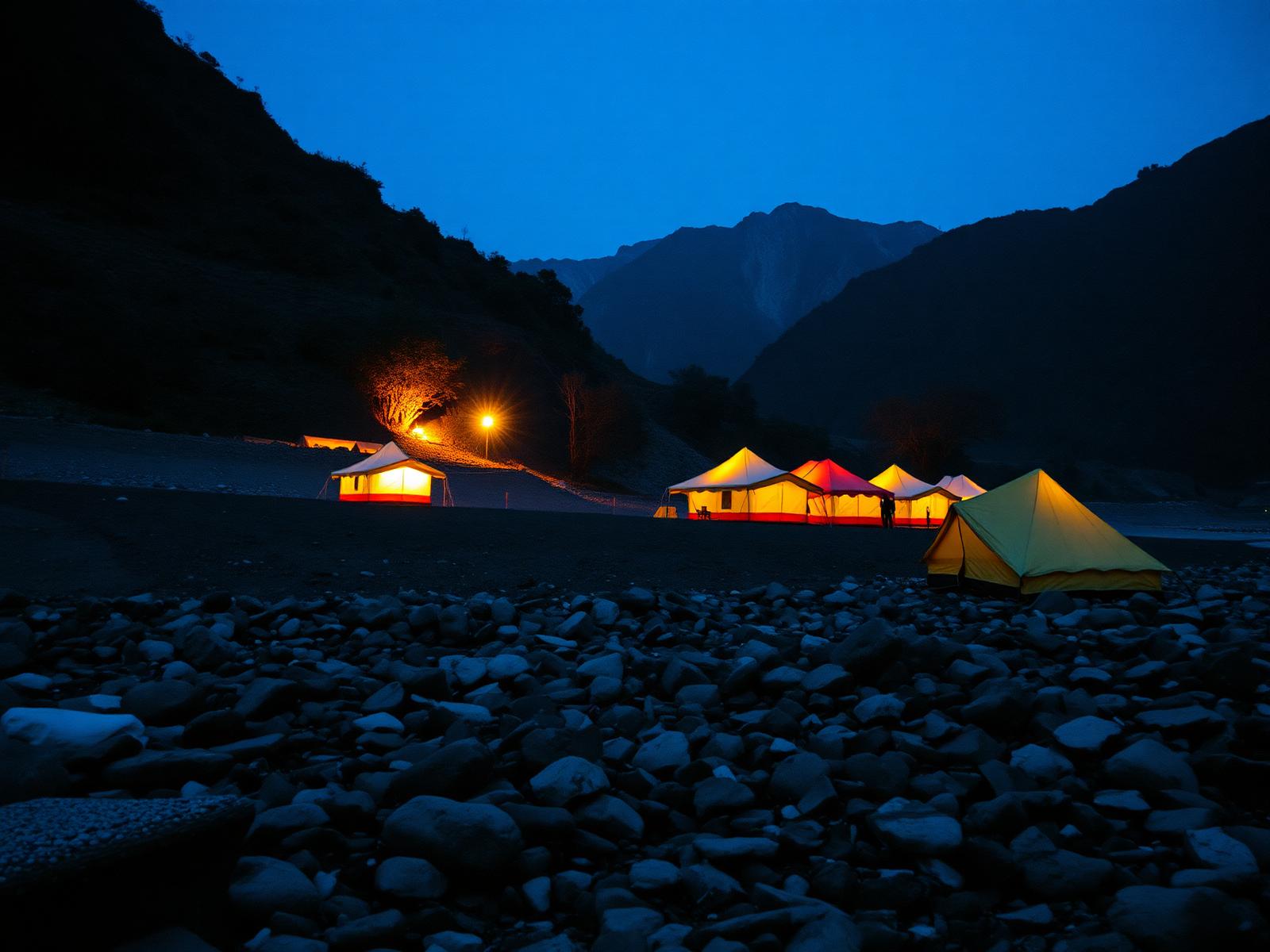 Warm tents beside a Himalayan river at dusk