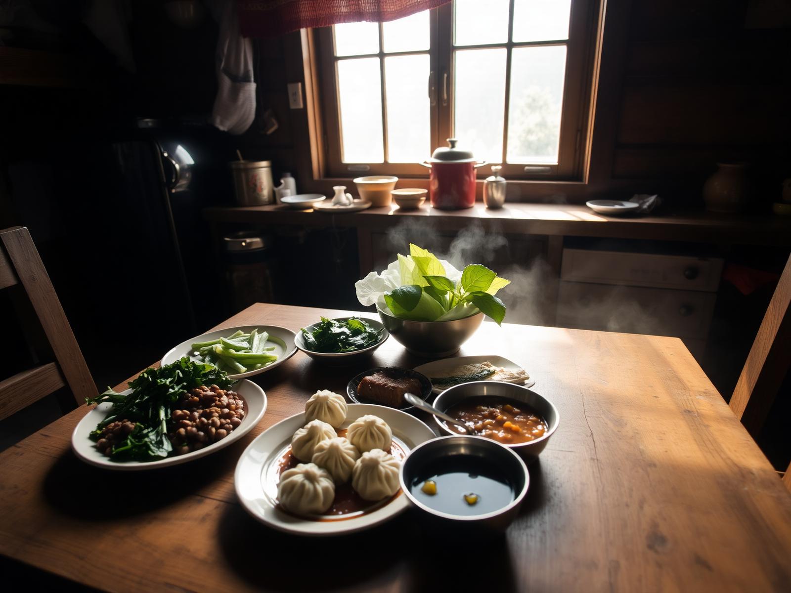 Traditional Sikkimese Himalayan meal spread on a wooden table beside a bright window