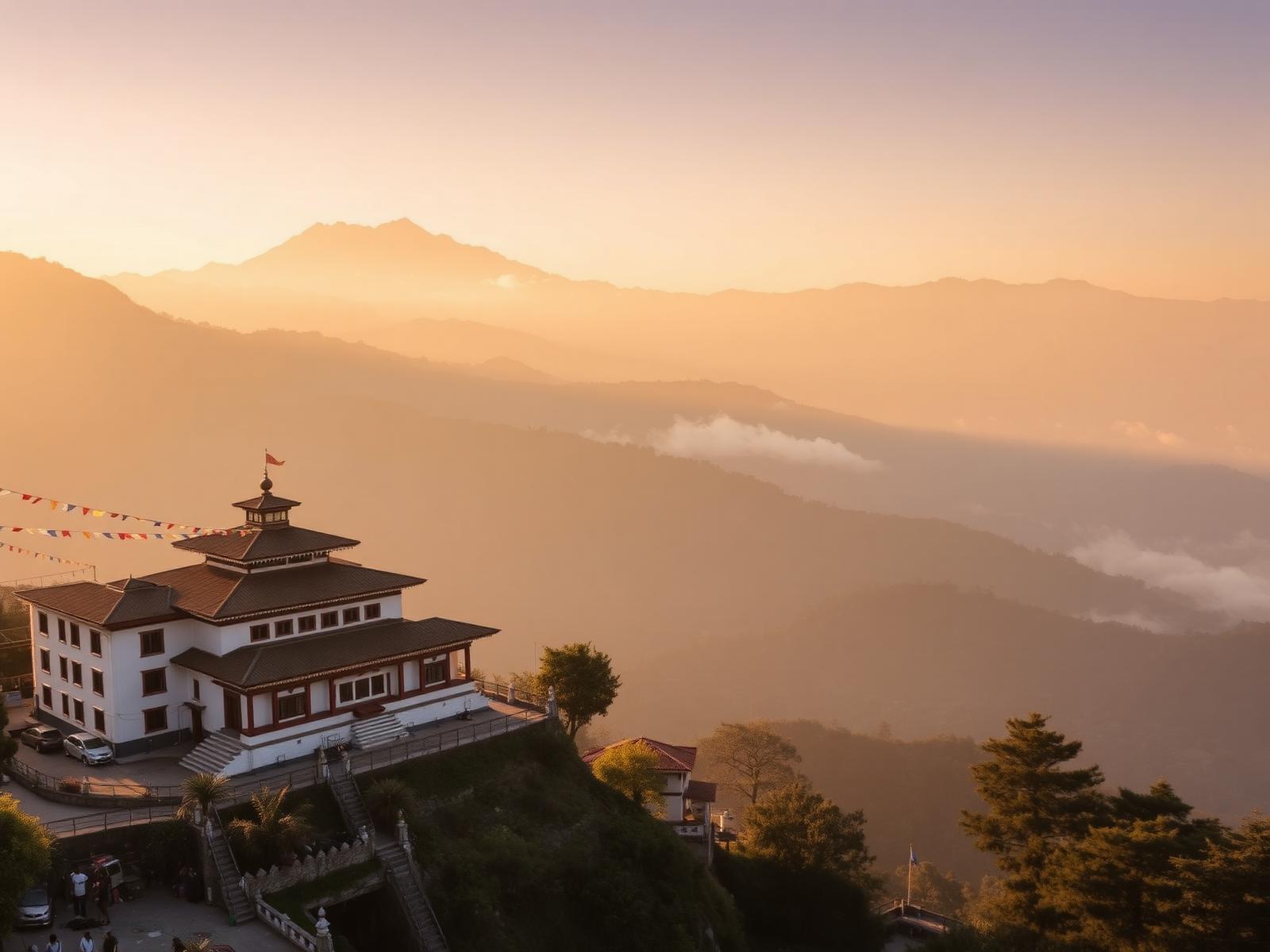 Hilltop monastery in Kalimpong at golden hour with prayer flags and misty Himalayan ridges beyond