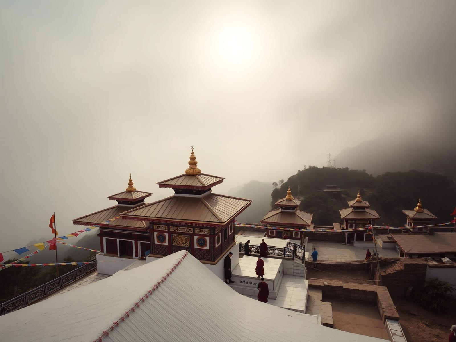 Rumtek monastery in Sikkim with golden roof, prayer flags and misty Himalayan valley beyond