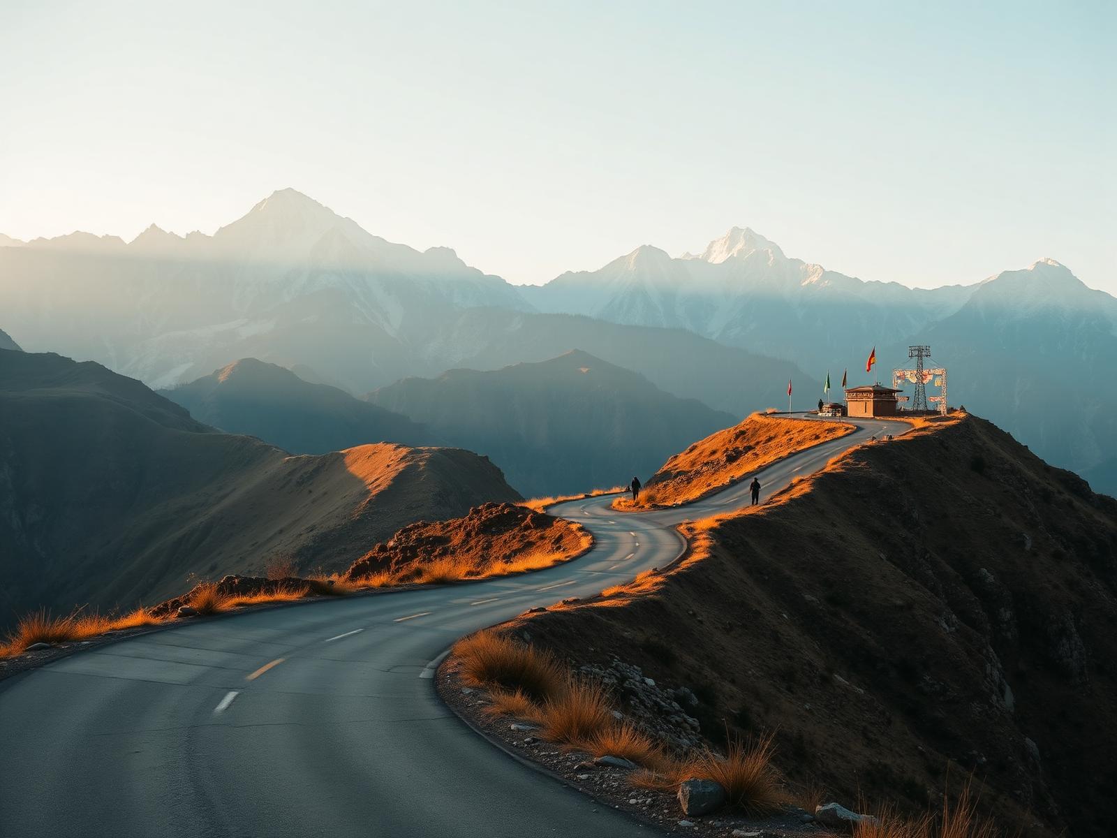 Winding Old Silk Route road in East Sikkim at dawn with prayer flags and snow-capped Himalayan peaks