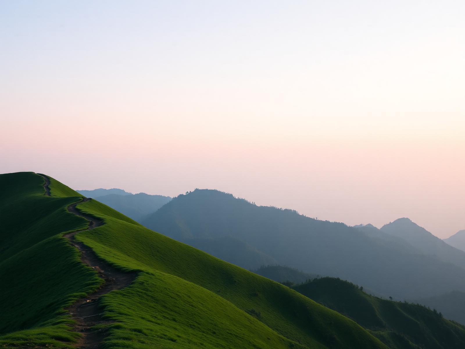 Rolling green ridgeline trail with distant Kanchenjunga at dusk