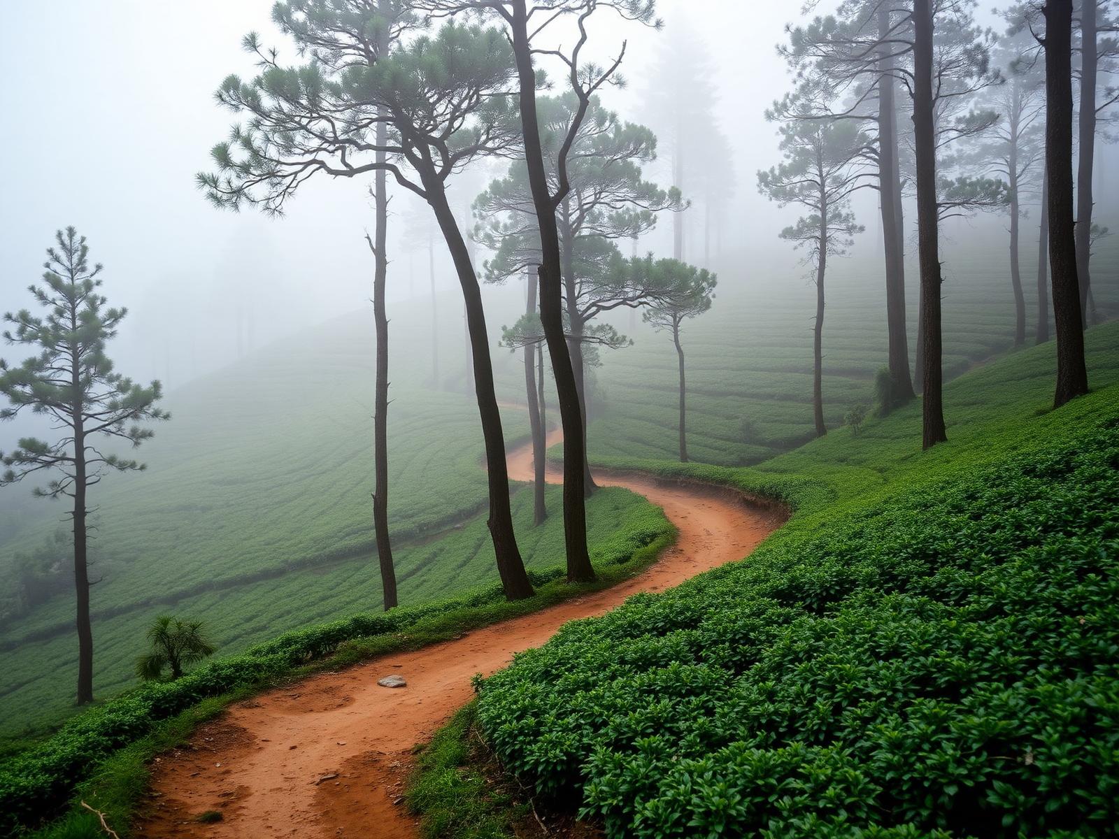 Misty forest trail through tea gardens between Tinchuley and Takdah