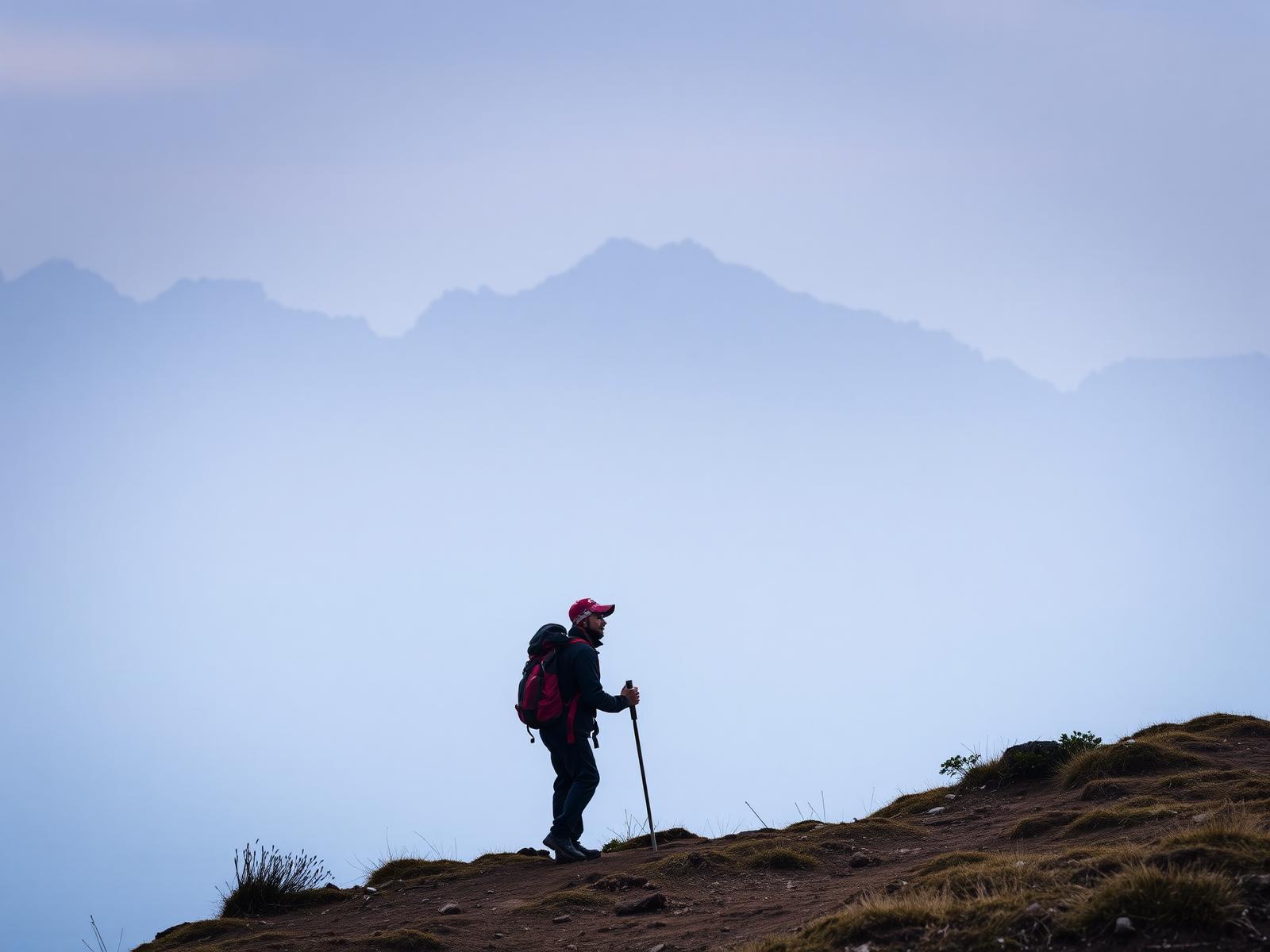Trekker on a misty Himalayan trail in North Bengal