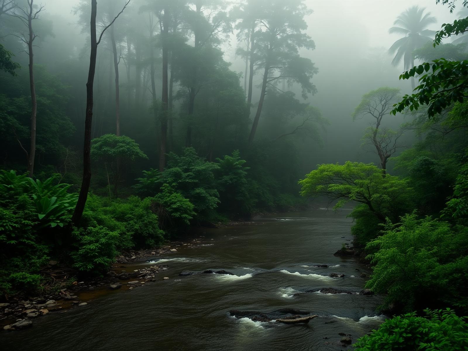 River flowing through a misty forest in North Bengal