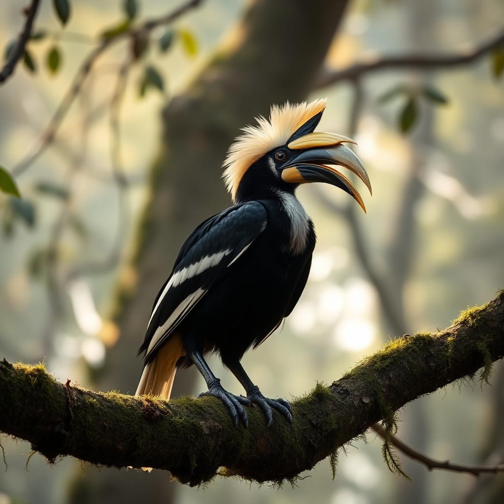 Great hornbill on a mossy branch in an eastern Himalayan forest