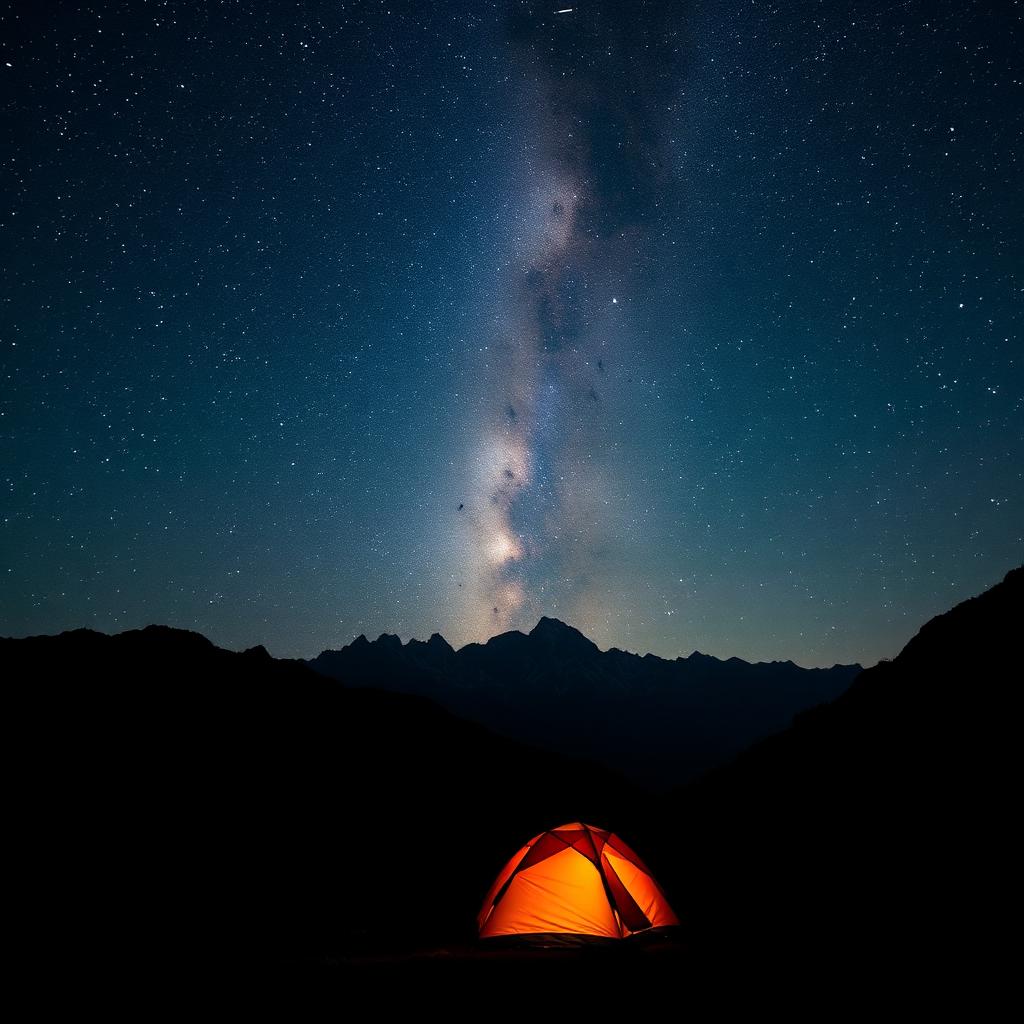 Milky Way above a warmly lit tent in the mountains of North Bengal