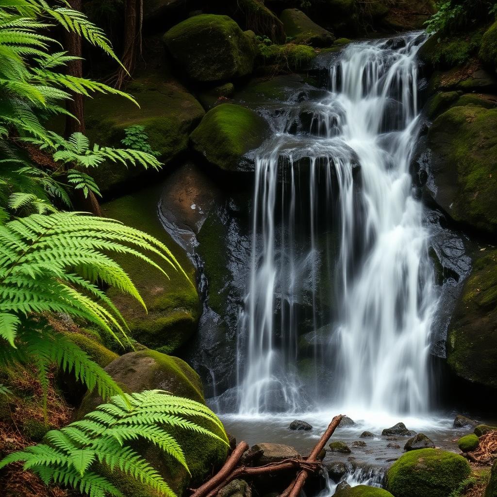 Forest waterfall over mossy rocks in the eastern Himalayas