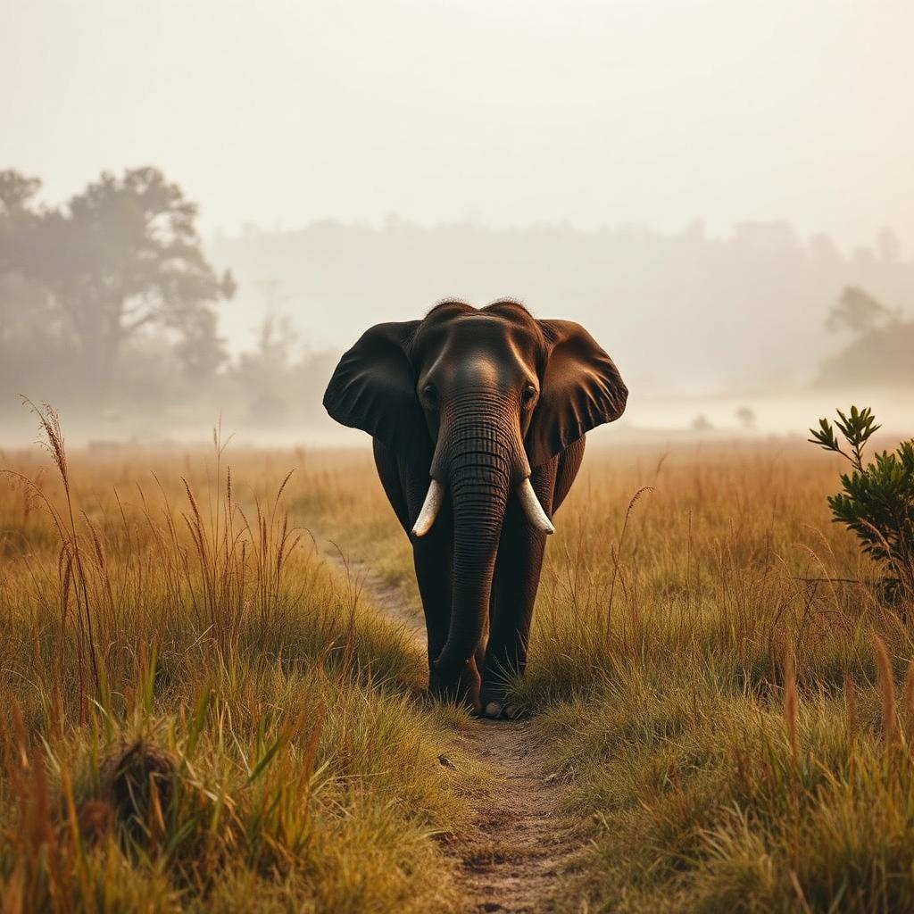 Asian elephant in misty Terai grasslands of North Bengal