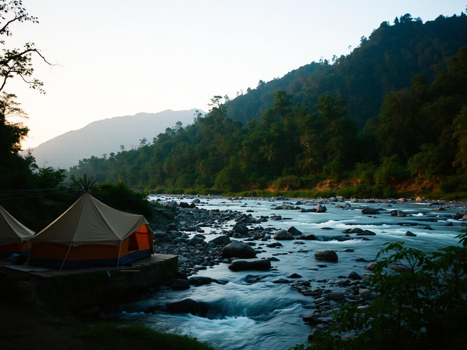 Warm tents beside the Jaldhaka river at dusk