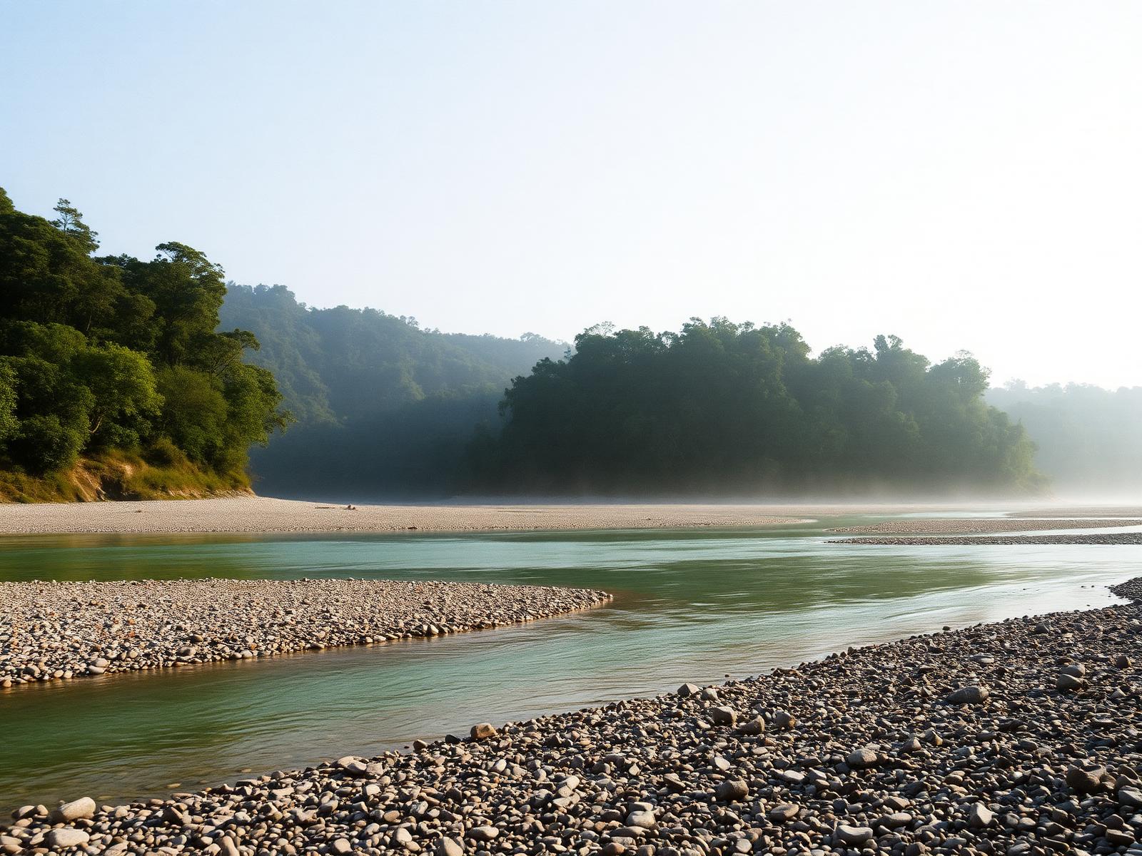 Turquoise water and pebble banks of the Murti river