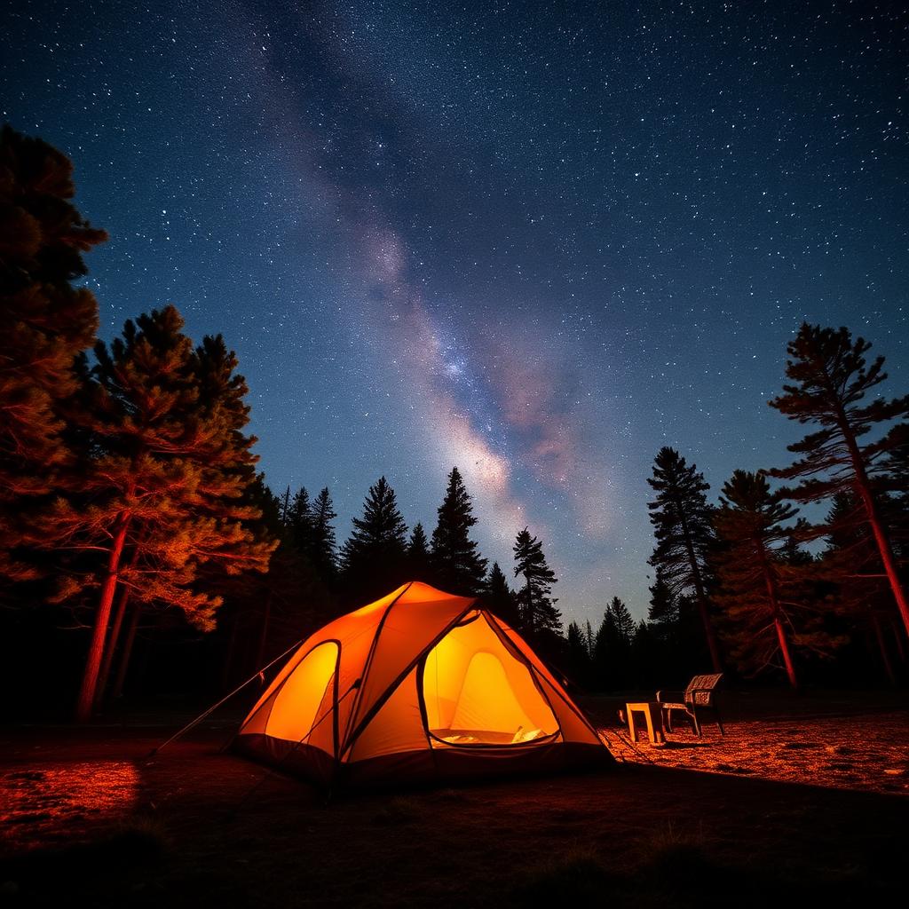 Milky Way and star trails above a warmly lit tent in a pine clearing near Lava