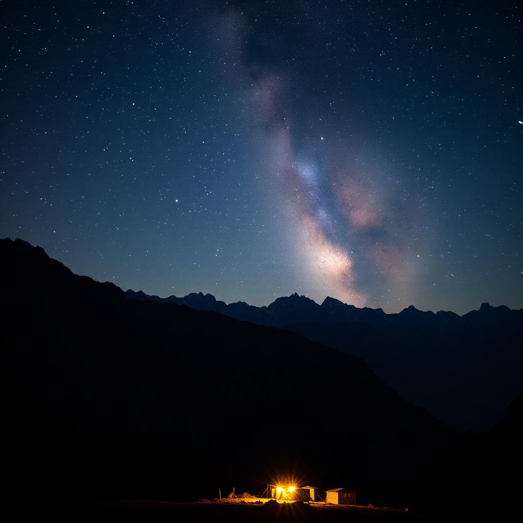Milky Way above the Sandakphu ridge with a small warmly glowing camp