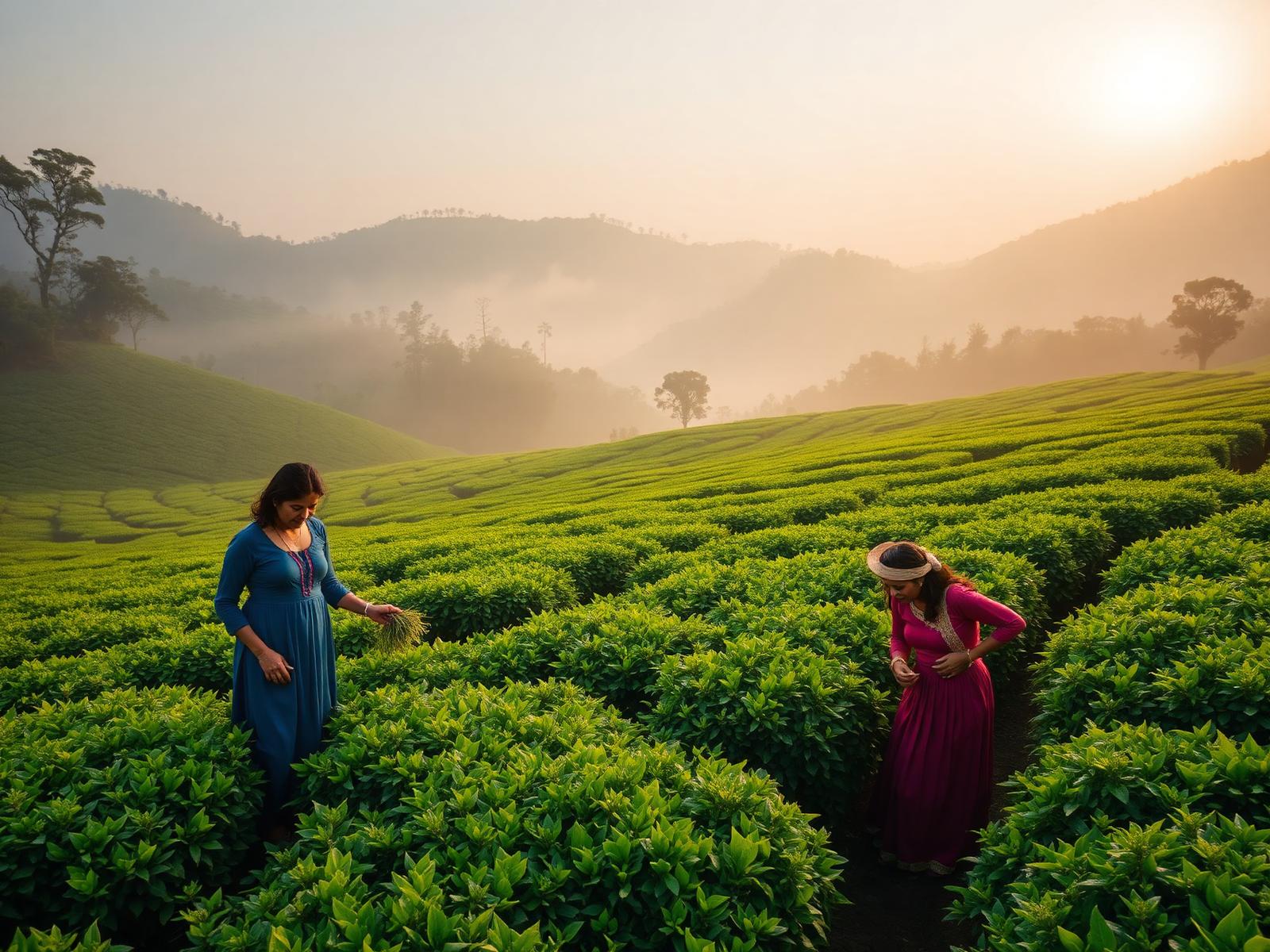 Women plucking tea leaves in a Dooars tea garden at dawn with misty foothills beyond