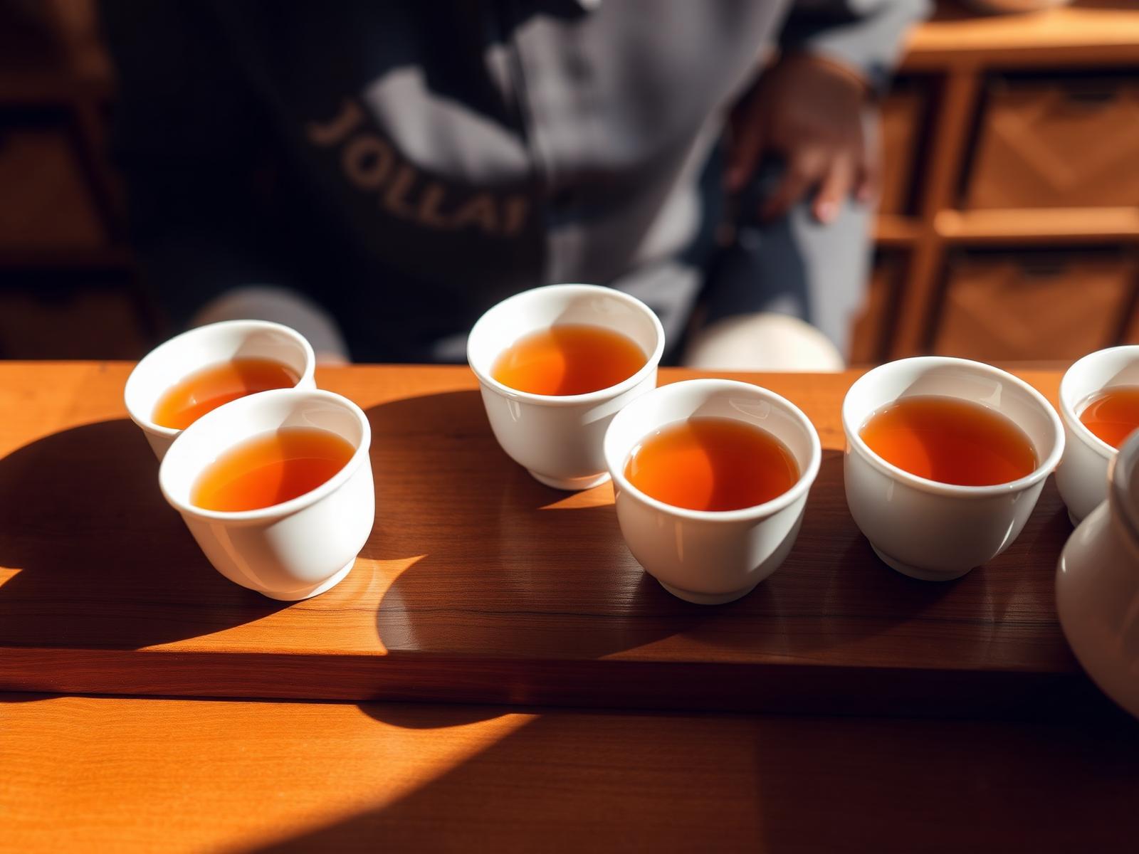 Small porcelain cups of amber tea at a tasting counter
