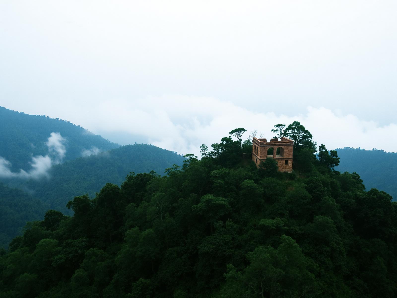 Ruins of Buxa Fort on a forested hilltop in the Dooars
