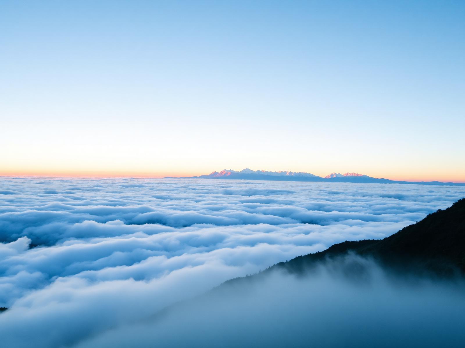 Sunrise on distant Himalayan peaks above a sea of clouds from Phoktey Dara