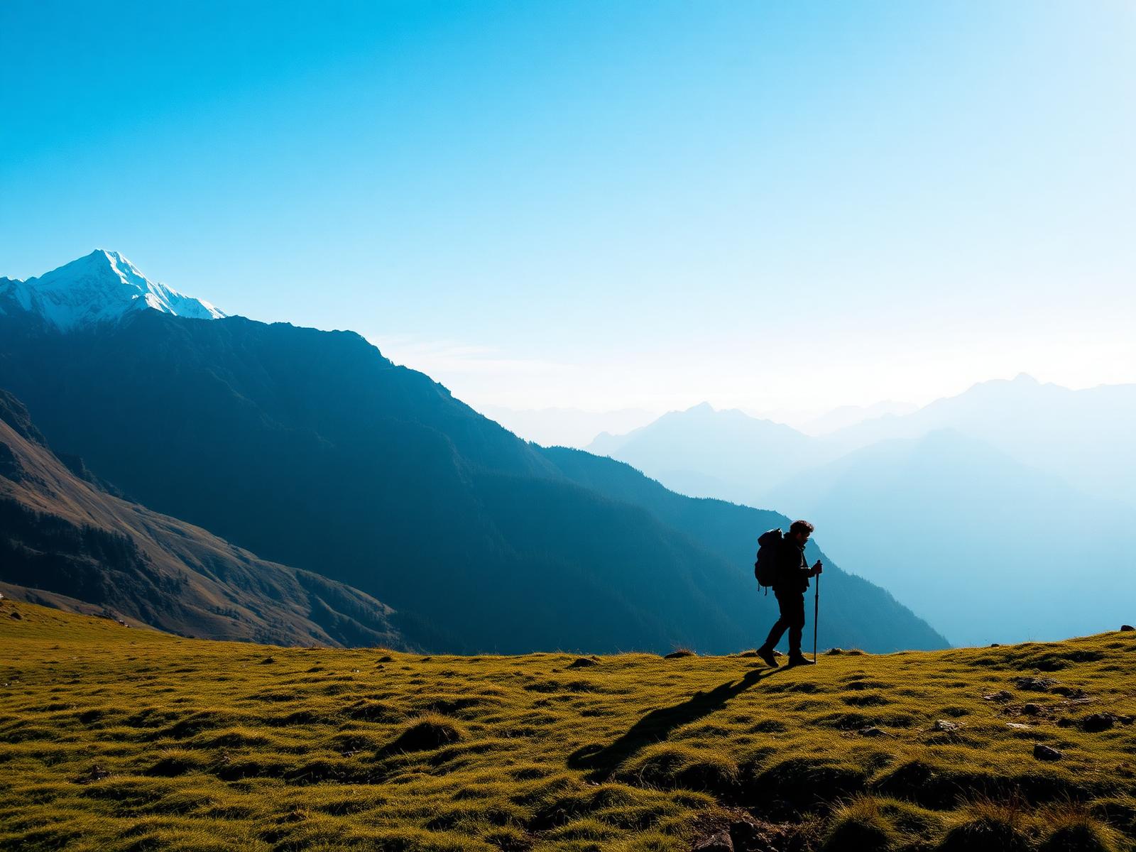 Trekker crossing alpine meadows near Rachela Pass