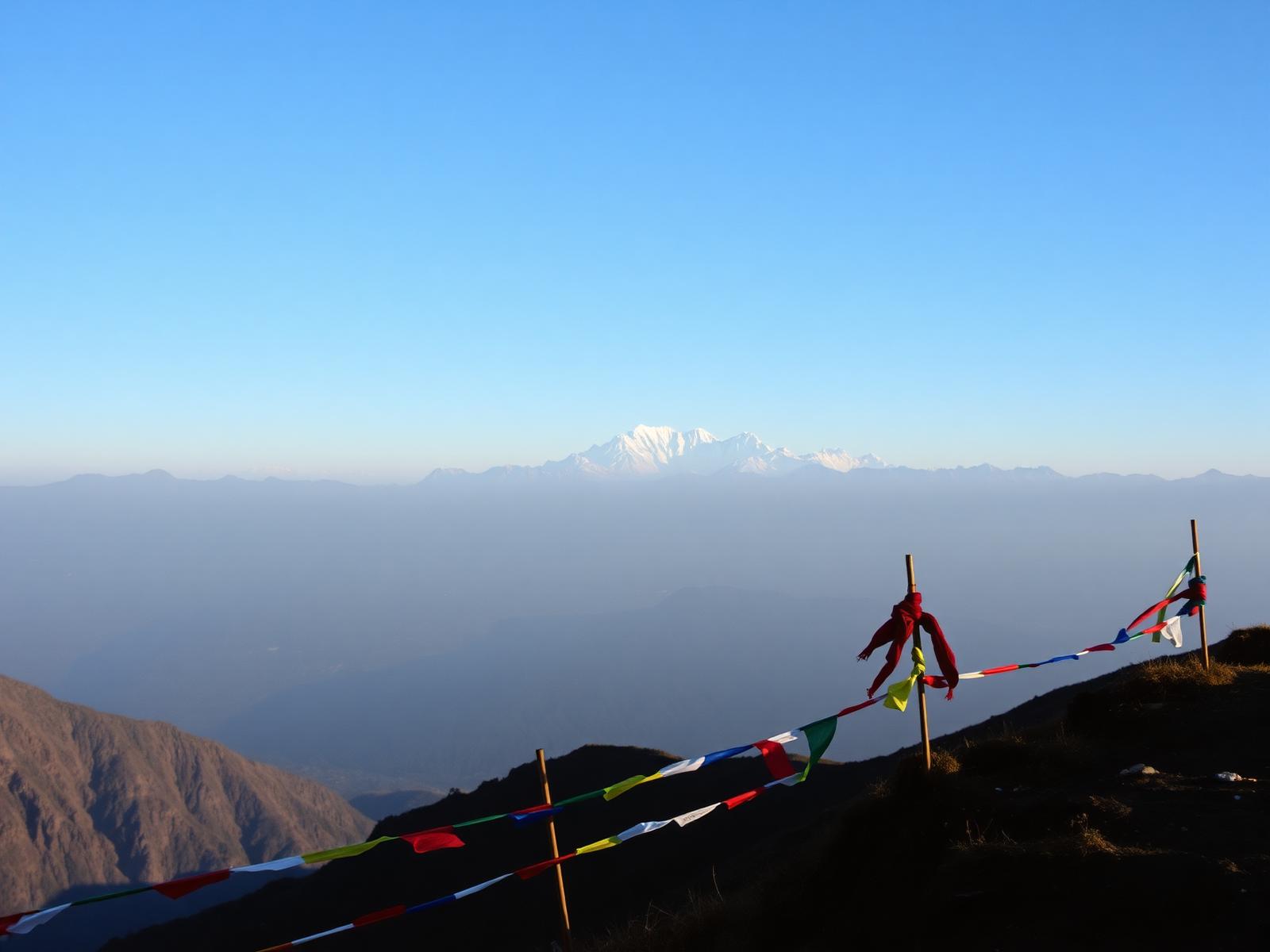 View of Kanchenjunga range from Sandakphu ridge with prayer flags