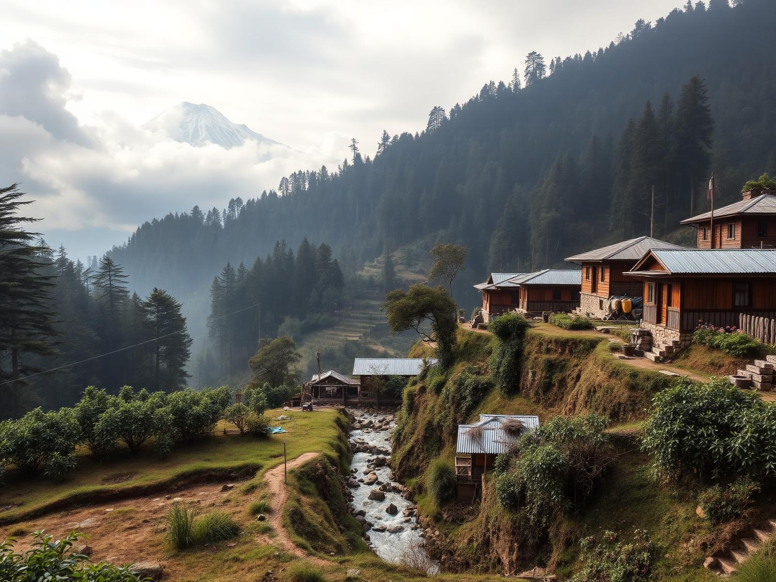Wooden Lepcha homes on forested slopes of Dzongu with a mountain stream and distant snow peak