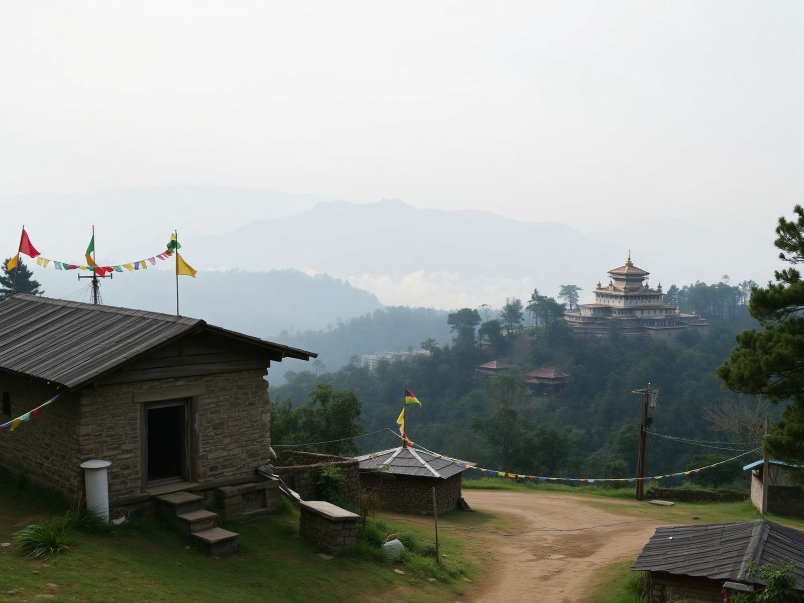 Heritage stone home in Pedong with prayer flags and a hilltop monastery in the misty distance