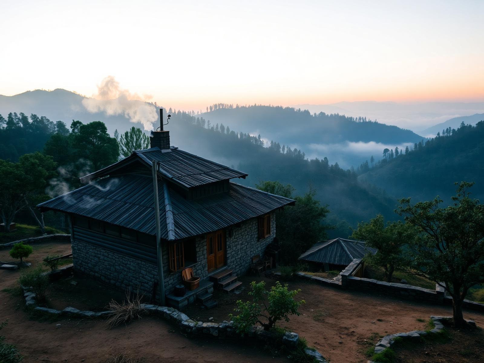 Traditional Lepcha village home in Sittong-Latpanchar surrounded by orange orchards and misty forested hills