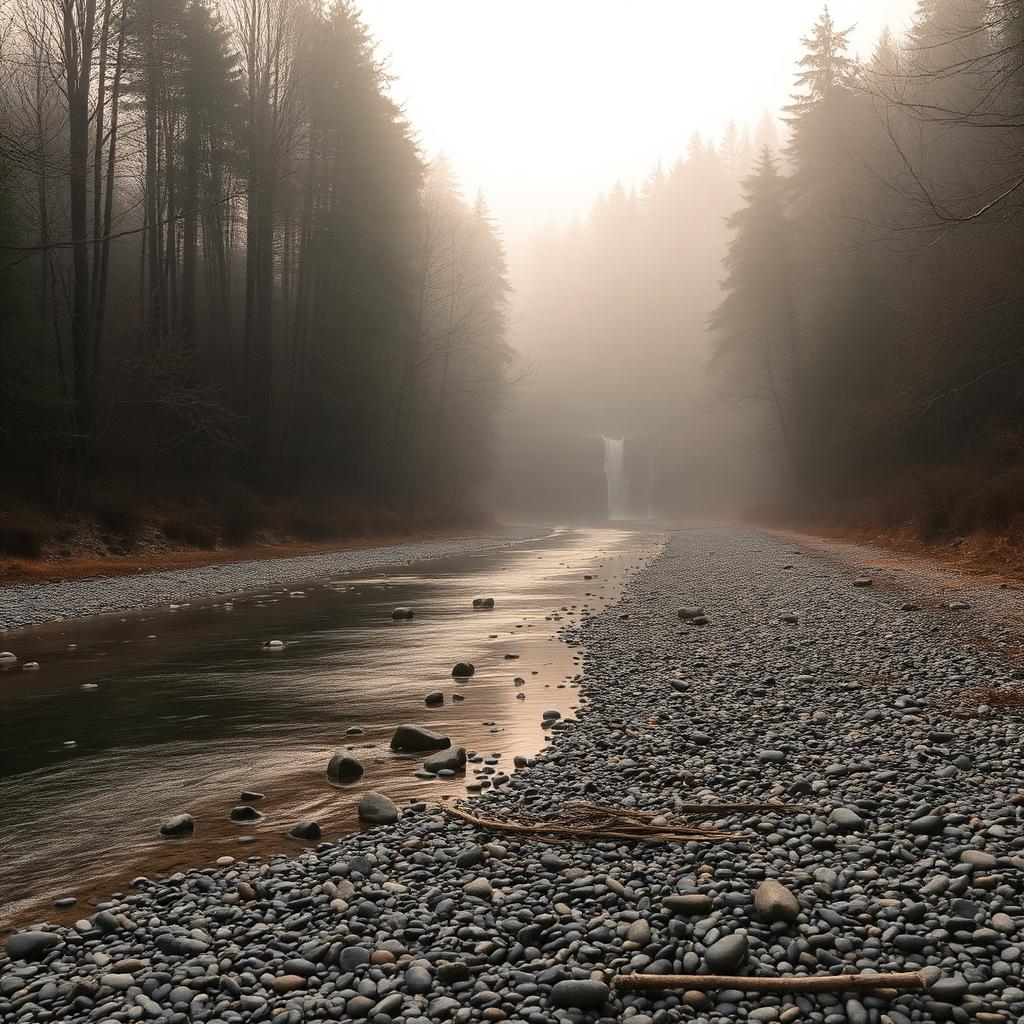 Wide pebbled river through Dooars forests with mist and a distant waterfall