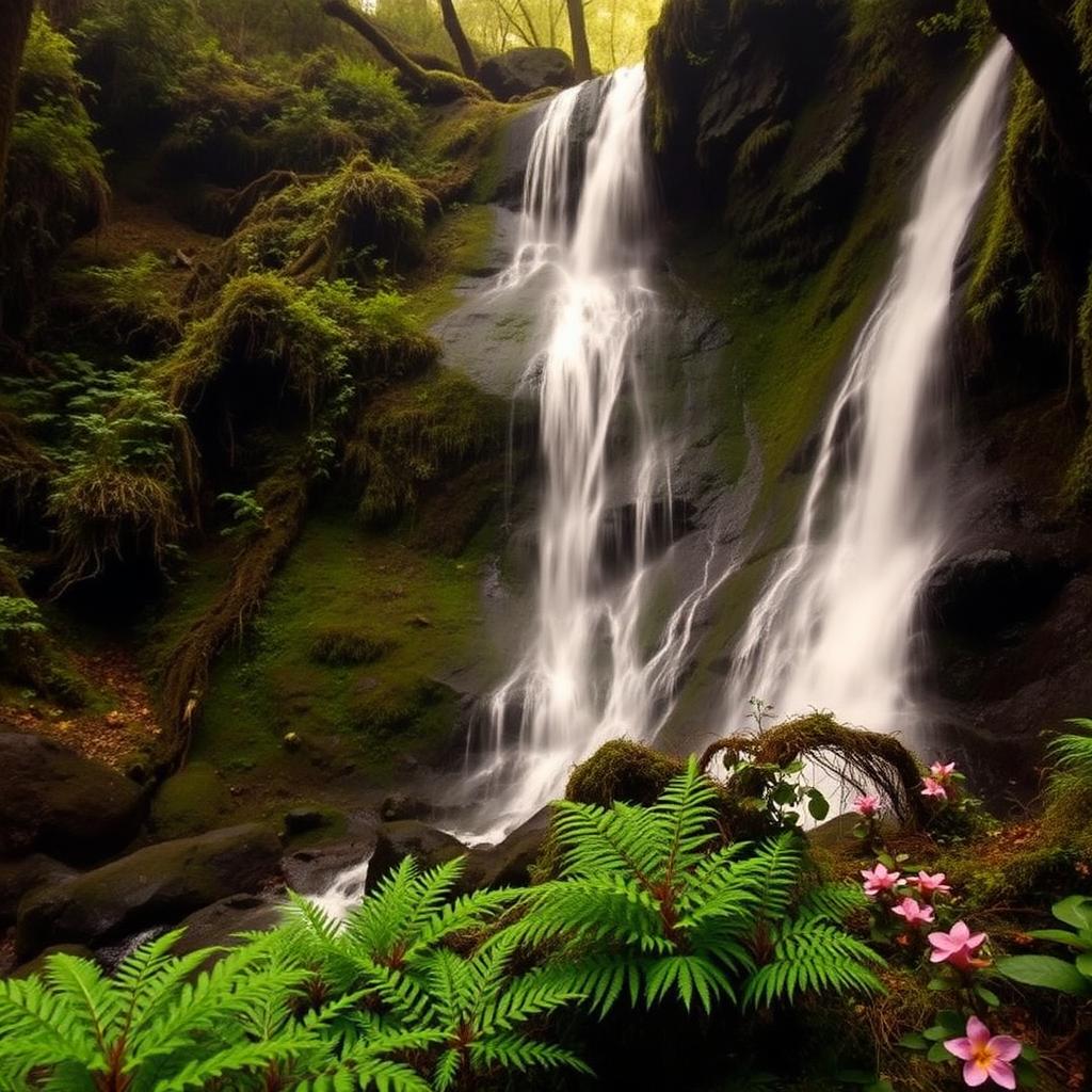 Waterfall cascading through mossy forest near Lava and Kolakham
