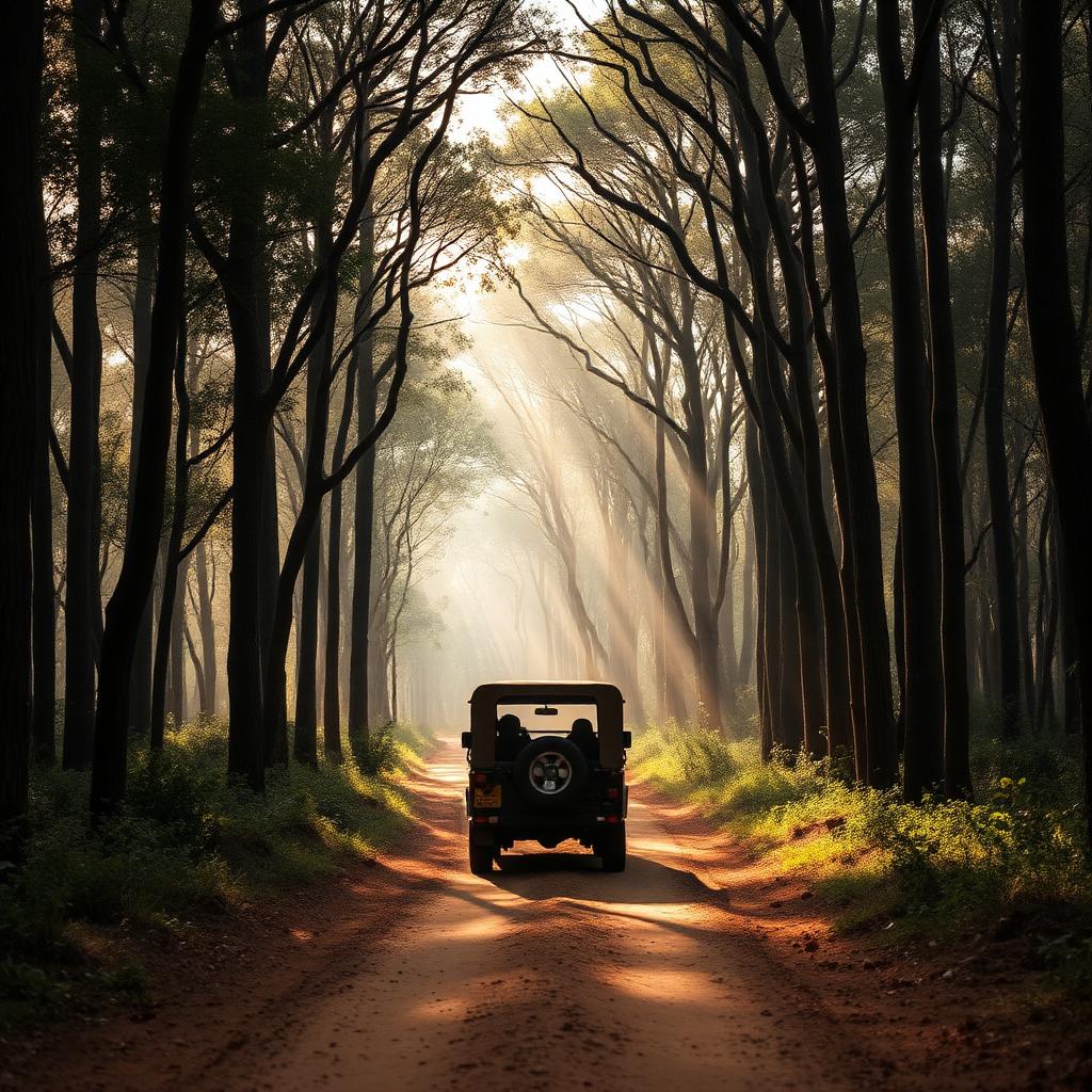 Jeep safari on a forest track through dense Dooars sal trees