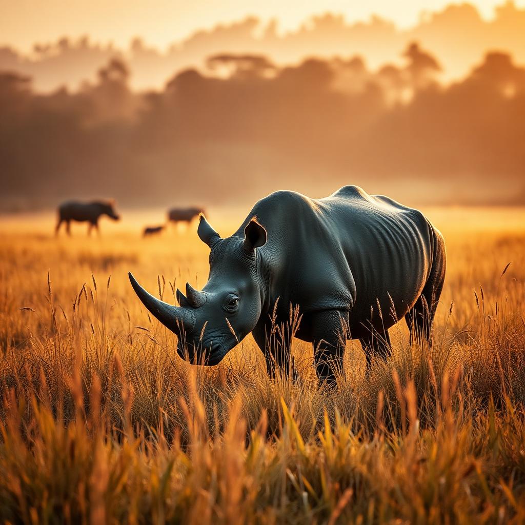 One-horned rhinoceros in the Terai grasslands of Jaldapara at golden hour